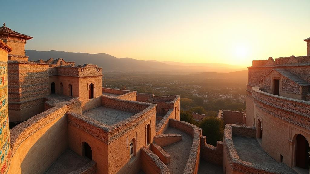 Panoramic view of historical Anatolian architecture with ceramic tile details under a sunrise sky, representing the supported cause